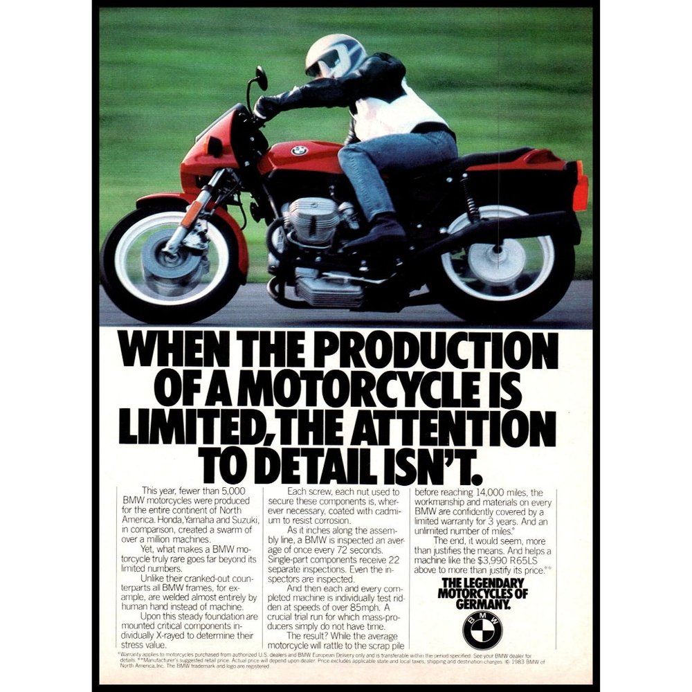 1983 BMW R65LS Motorcycle Vintage Print Ad Timelapes Highway Curve Wall Art